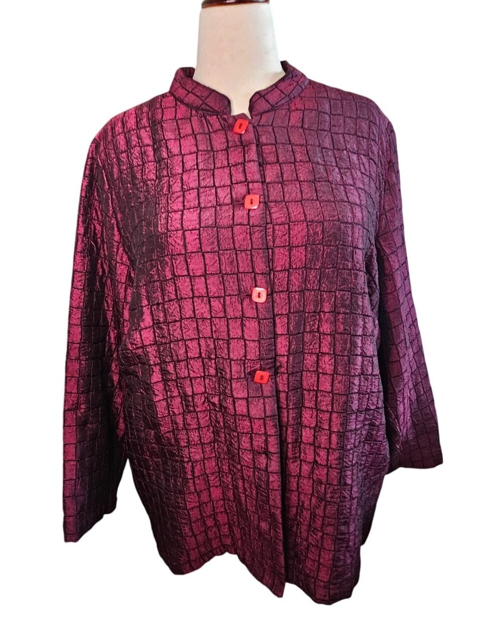 White Stag Women's Plus Burgundy Windowpane Button Front Shirt Jacket